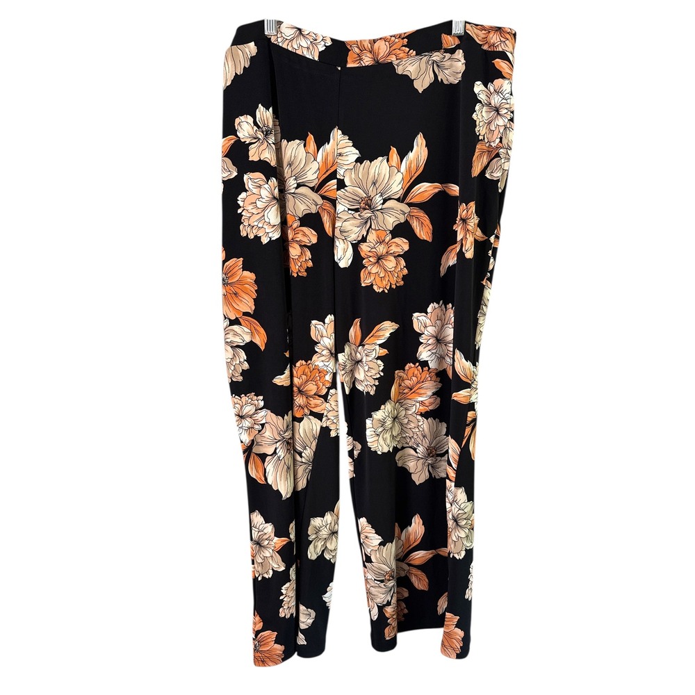 Susan Graver Floral Print Lounge Pants‎ Wide Leg Comfy Black XLP
